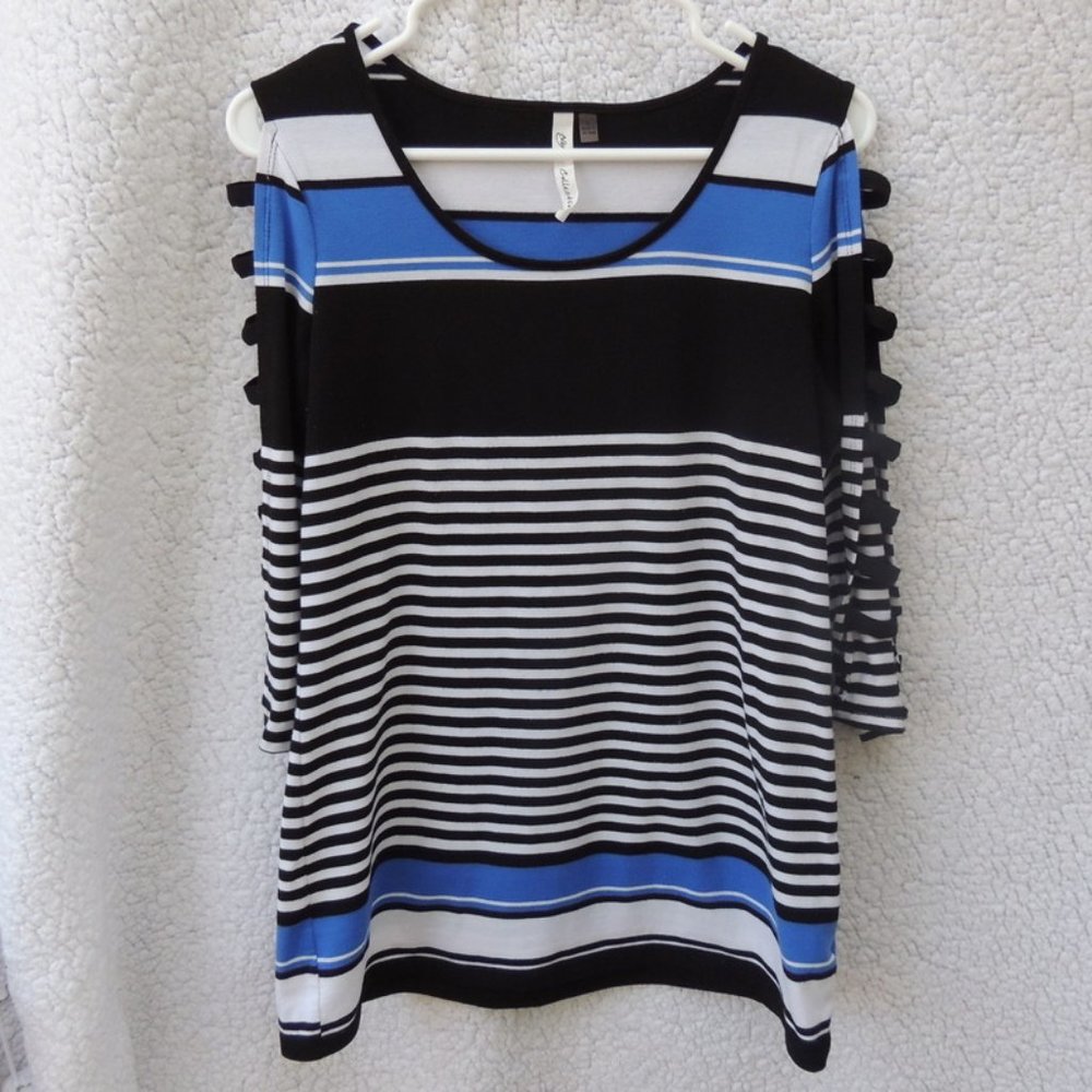 Blue, Black & White Striped Scoop Neck Cut Out Quater Sleeve Top